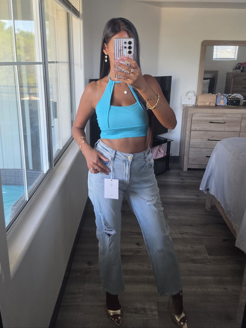 High-Waist Light Wash Distressed Women’s Jeans - Light Blue Denim
